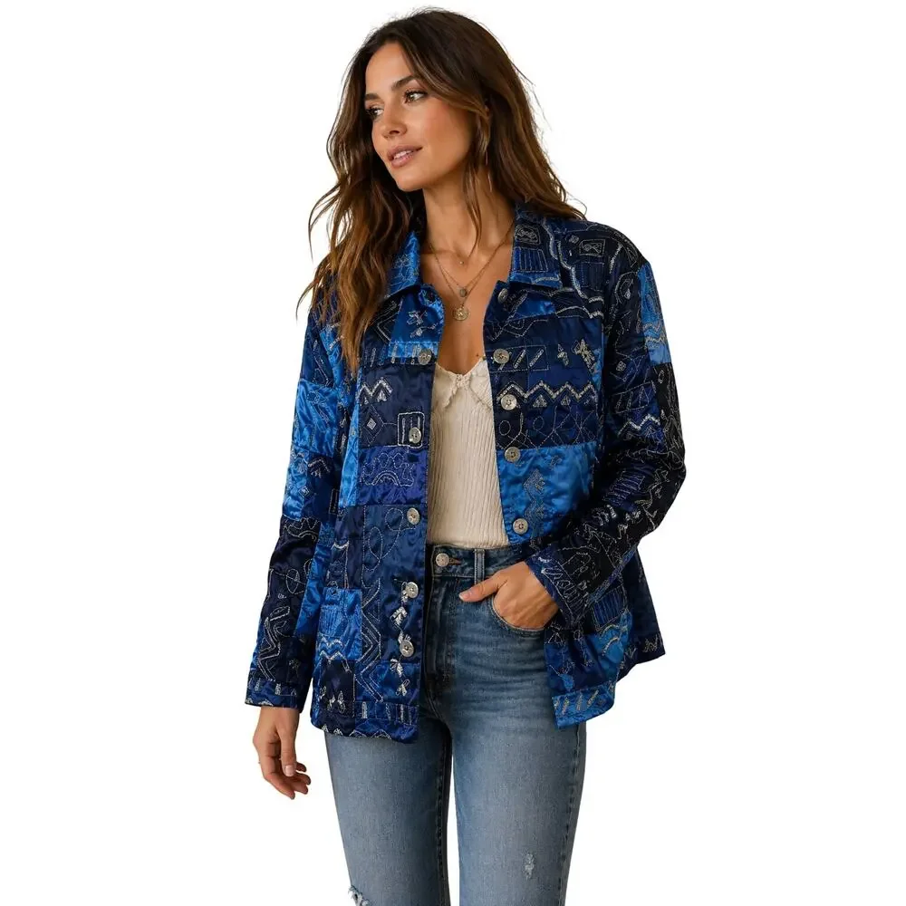 French Laundry XL Blue Patchwork Satin Button Front Jacket Boho